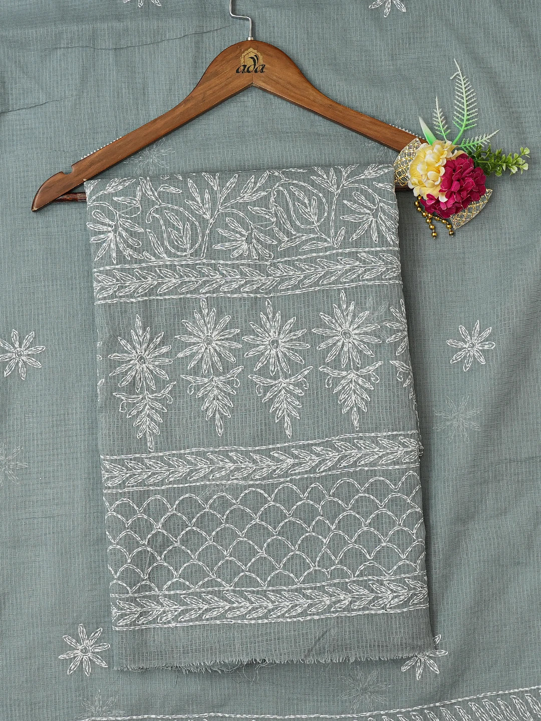 Ada Hand Embroidered Grey Kota Lucknowi Chikankari Unstitched Kurta Dupatta Set 01A751318