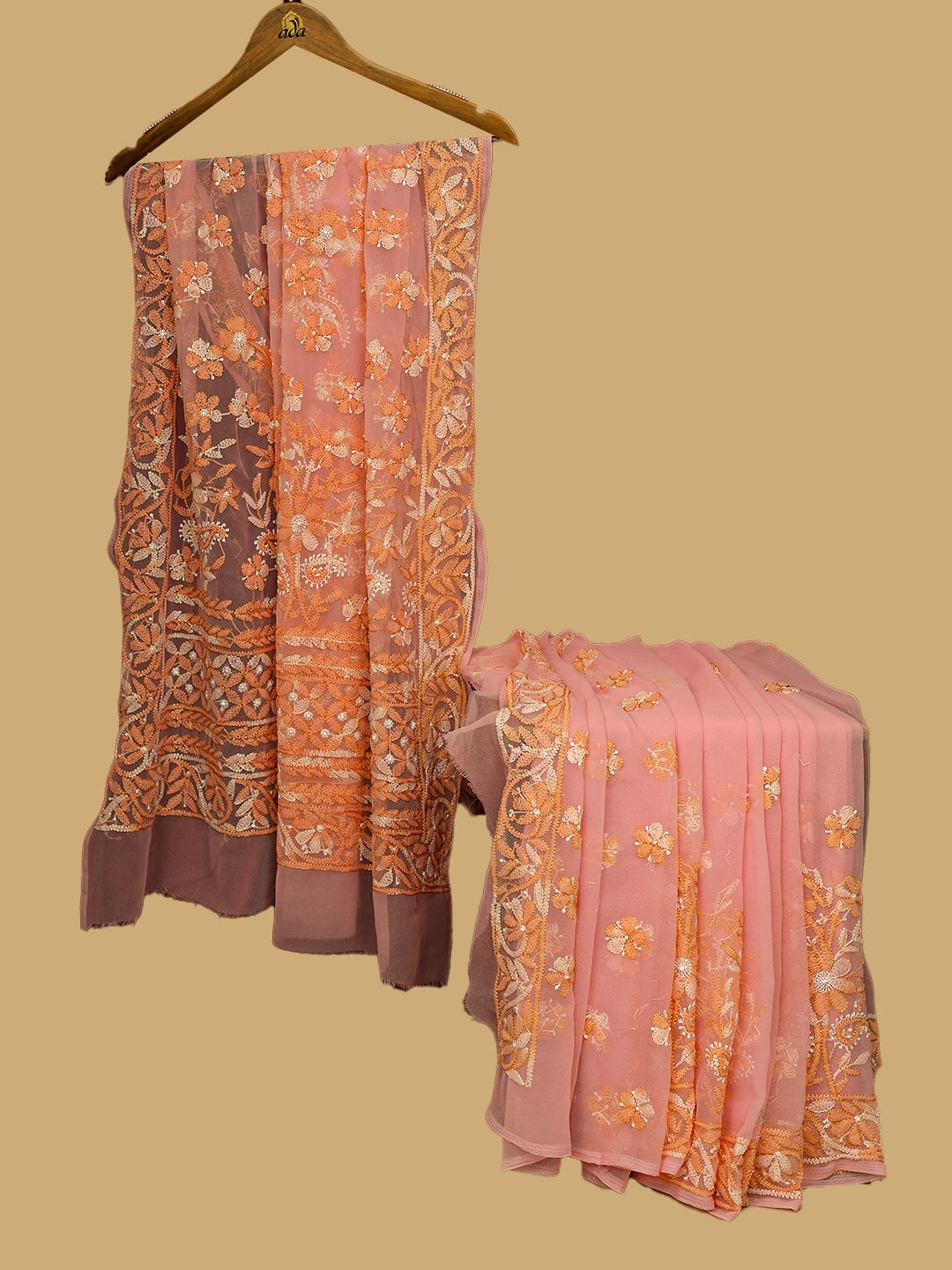 Ada Hand Embroidered Peach Georgette Lucknowi Chikankari Saree and Blouse 01A748515