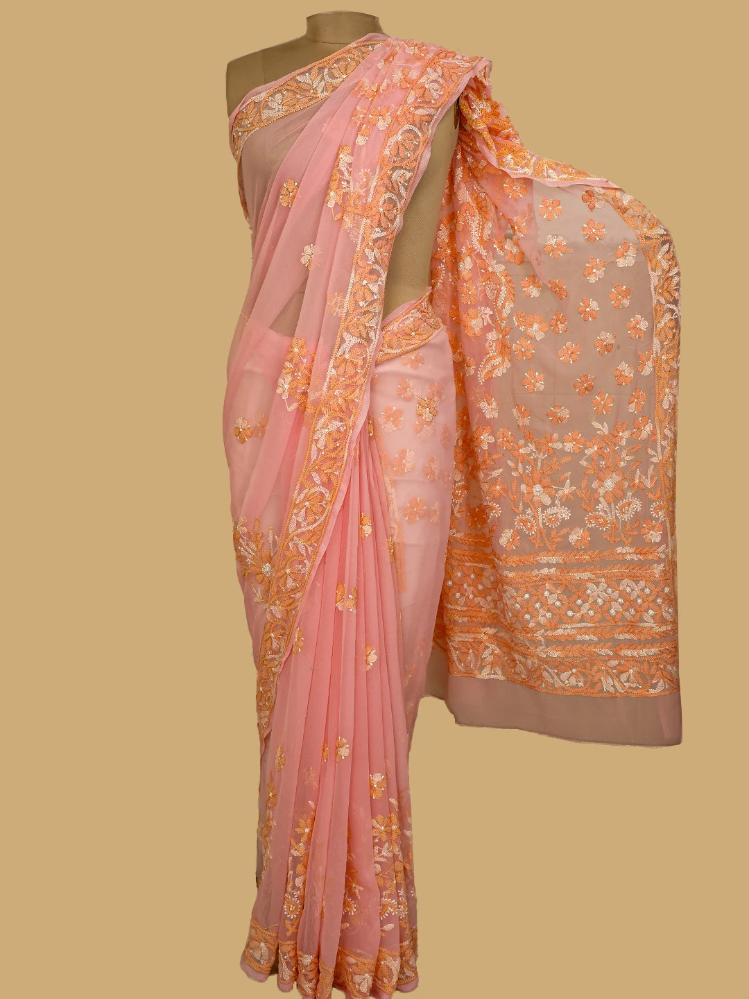 Ada Hand Embroidered Peach Georgette Lucknowi Chikankari Saree and Blouse 01A748515
