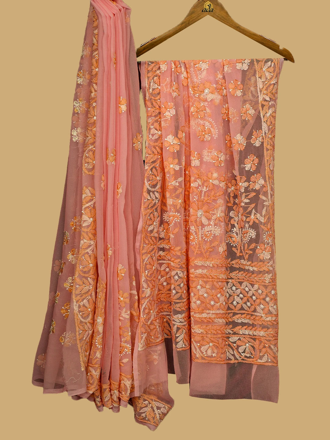 Ada Hand Embroidered Peach Georgette Lucknowi Chikankari Saree and Blouse 01A748515