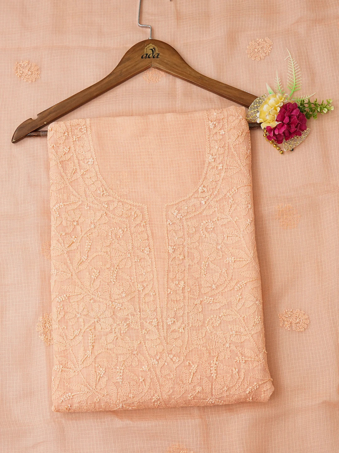 Ada Hand Embroidered Peach Kota Lucknowi Chikankari Unstitched Kurta Dupatta Set 01A681157