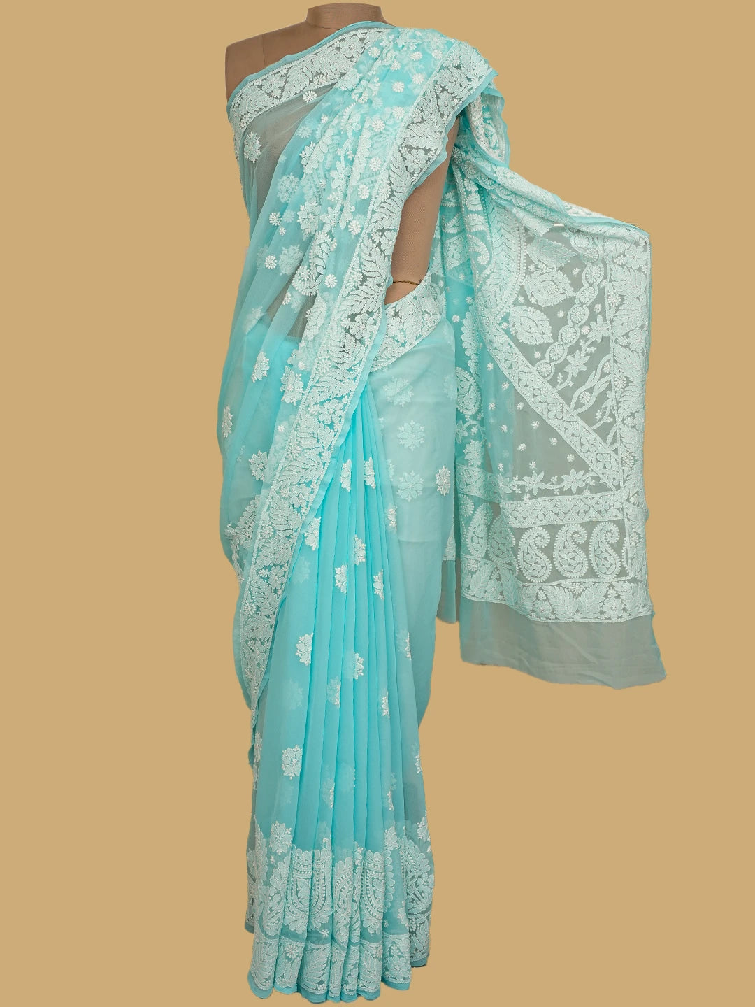 Ada Hand Embroidered Blue Georgette Lucknowi Chikankari Saree and Blouse 01A748634