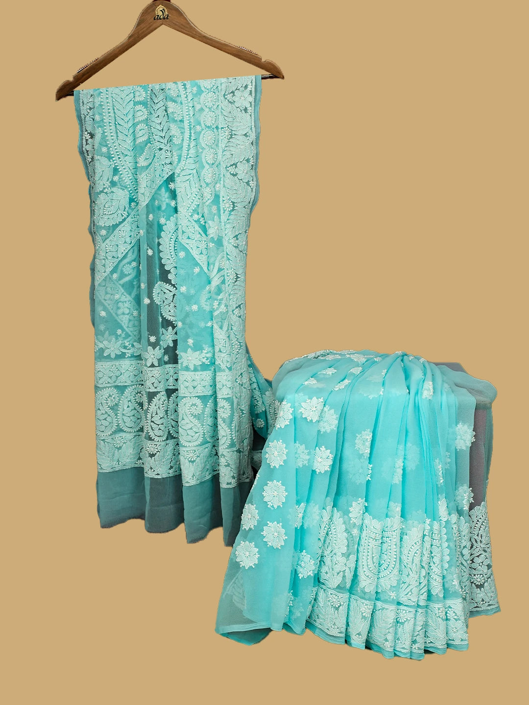 Ada Hand Embroidered Blue Georgette Lucknowi Chikankari Saree and Blouse 01A748634
