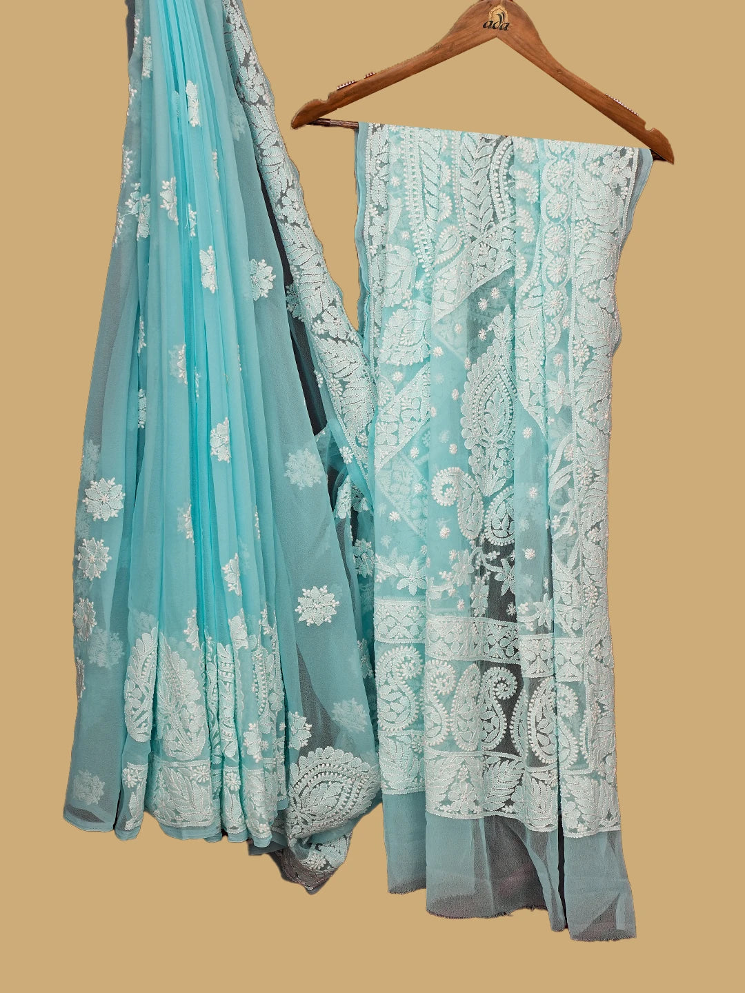 Ada Hand Embroidered Blue Georgette Lucknowi Chikankari Saree and Blouse 01A748634