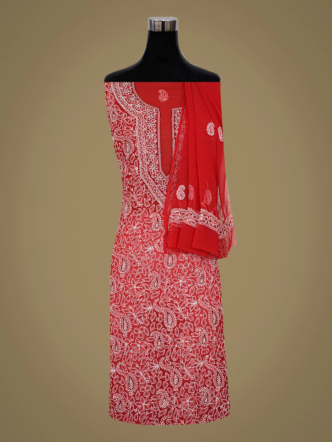 Ada Hand Embroidered Red Georgette Lucknowi Chikankari Unstitched Suit Piece With Cutdana Work 01A247307