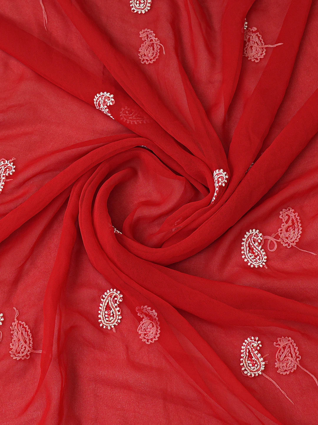 Ada Hand Embroidered Red Georgette Lucknowi Chikankari Unstitched Suit Piece With Cutdana Work 01A247307