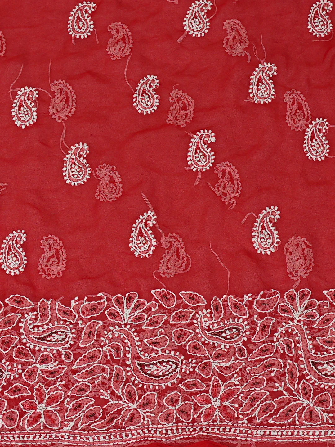 Ada Hand Embroidered Red Georgette Lucknowi Chikankari Unstitched Suit Piece With Cutdana Work 01A247307