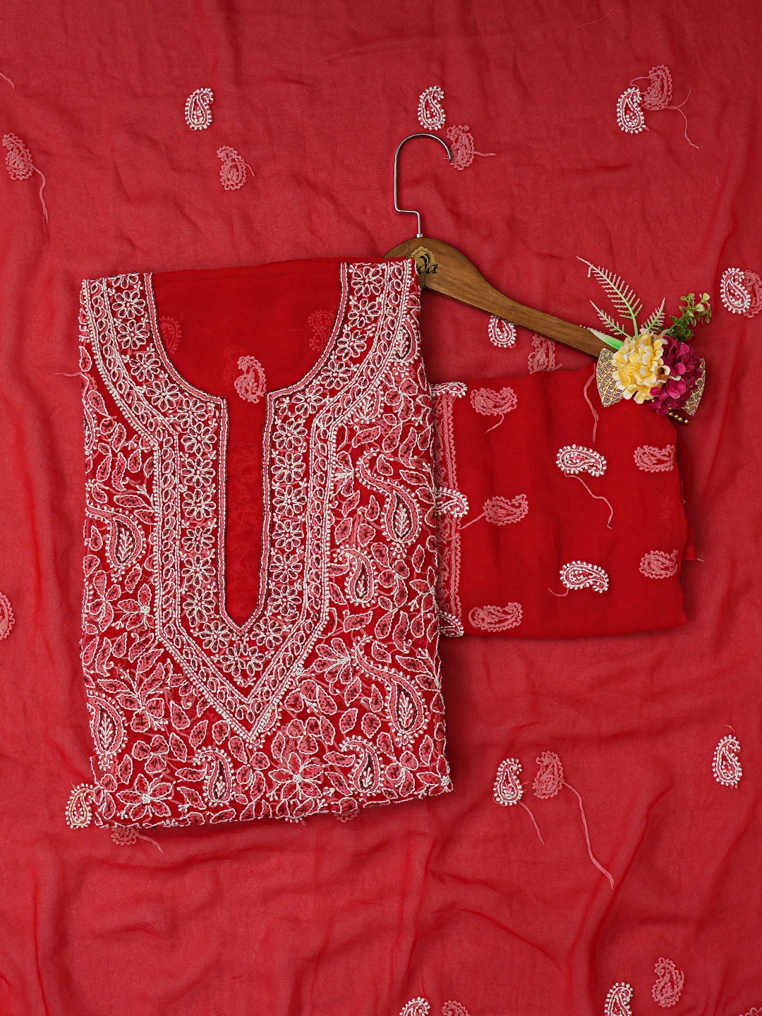 Ada Hand Embroidered Red Georgette Lucknowi Chikankari Unstitched Suit Piece With Cutdana Work 01A247307