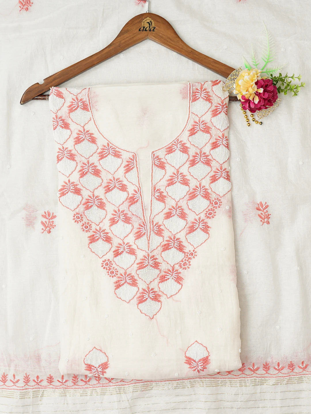 Ada Hand Embroidered White Chanderi Lucknowi Chikankari Unstitched Kurta Dupatta Set With Pearl Work 01A737826