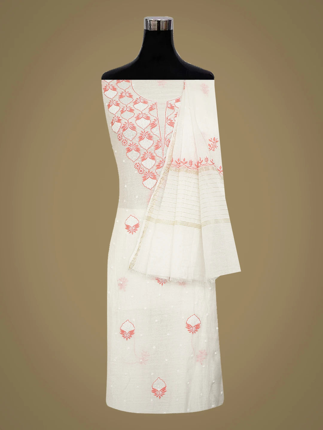 Ada Hand Embroidered White Chanderi Lucknowi Chikankari Unstitched Kurta Dupatta Set With Pearl Work 01A737826