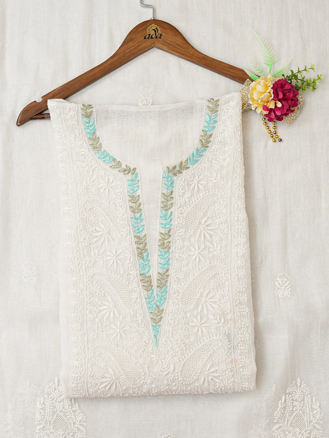 Ada Hand Embroidered White Chanderi Lucknowi Chikankari Semi-stitched Kurta Dupatta Set With Parsi Work 01A722462