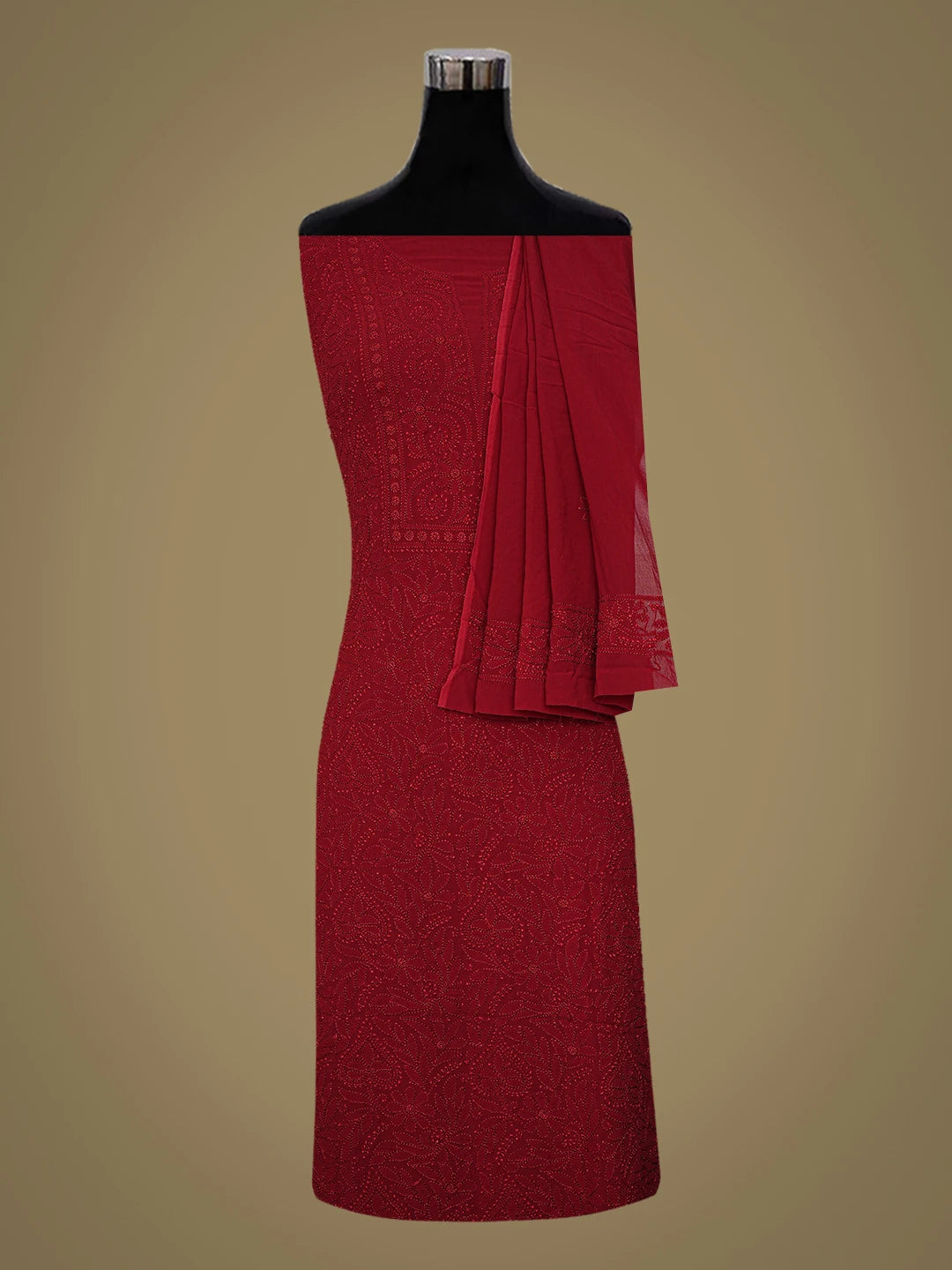 Ada Hand Embroidered Red Viscose Georgette Lucknowi Chikankari Unstitched Kurta Dupatta Set 01A751136