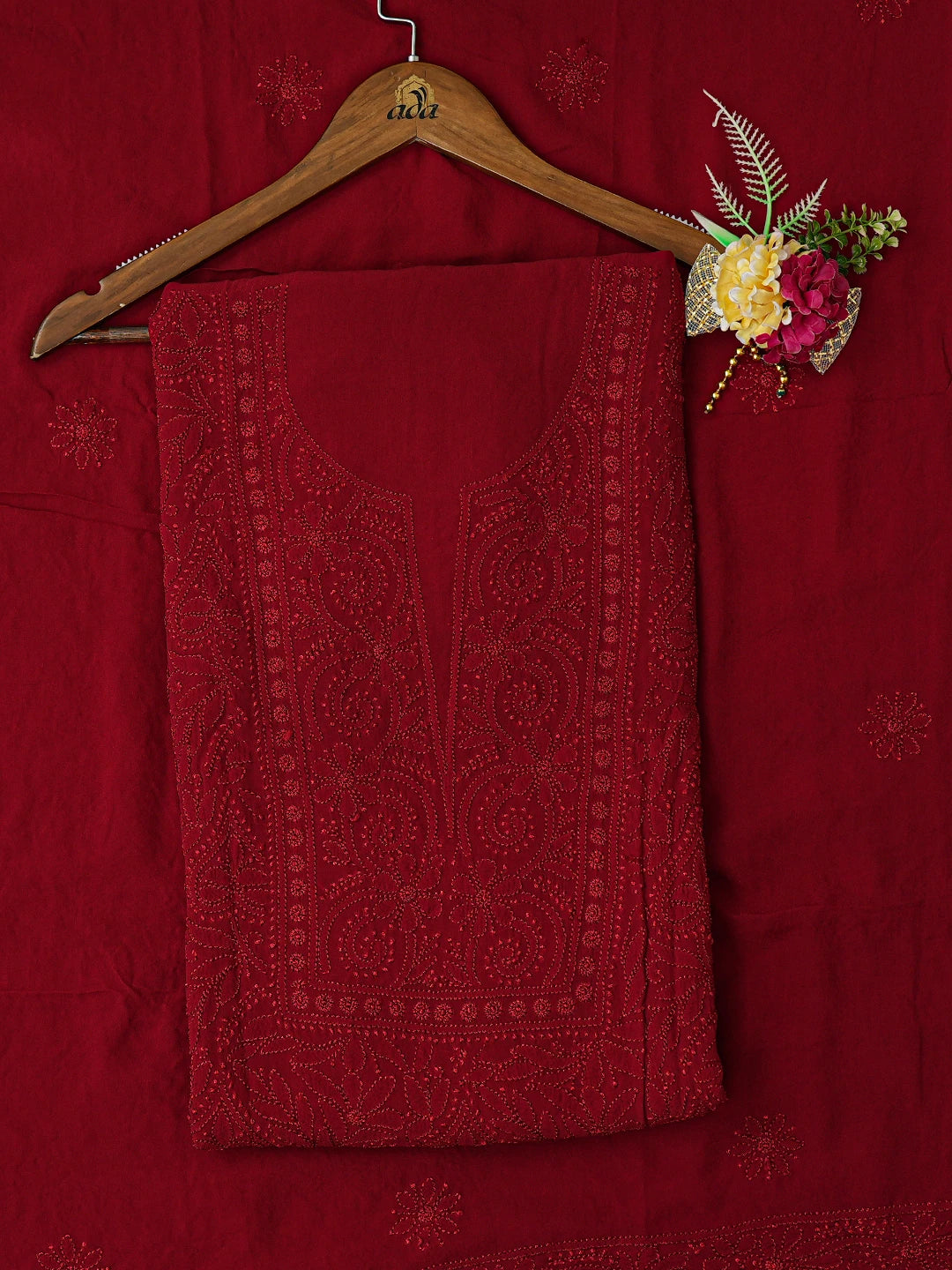Ada Hand Embroidered Red Viscose Georgette Lucknowi Chikankari Unstitched Kurta Dupatta Set 01A751136