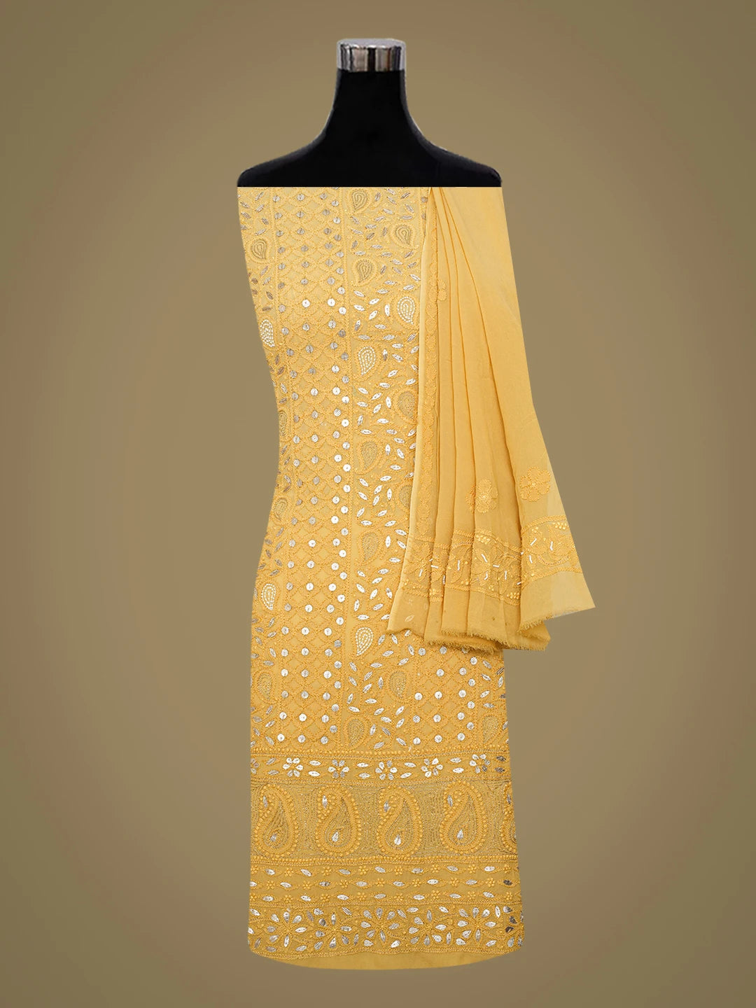 Ada Hand Embroidered Ombre Shade of Mustard & Fawn Viscose Georgette Lucknowi Chikankari Unstitched Kurta Dupatta Set With Zari Work 01A751205