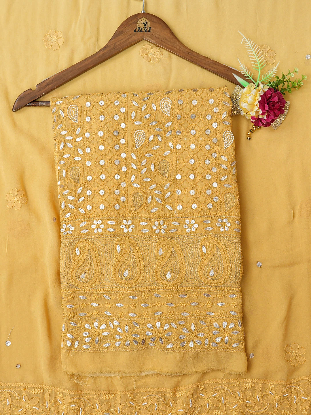 Ada Hand Embroidered Ombre Shade of Mustard & Fawn Viscose Georgette Lucknowi Chikankari Unstitched Kurta Dupatta Set With Zari Work 01A751205