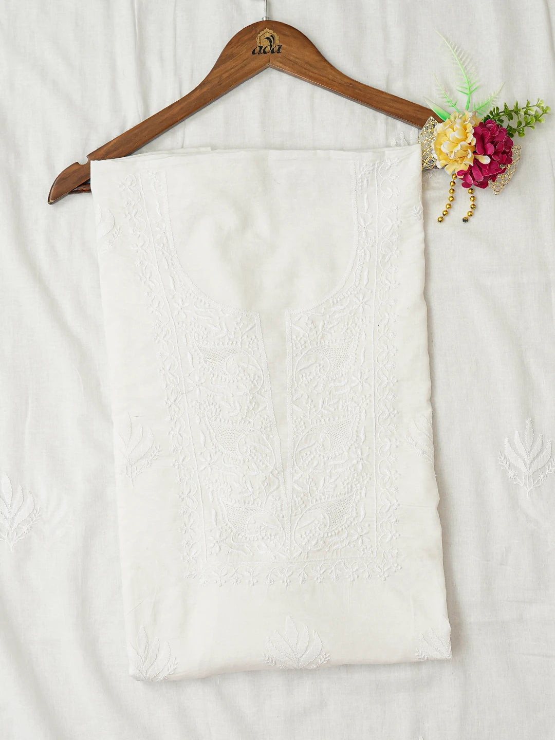 Ada Hand Embroidered White Cotton Lucknowi Chikankari Unstitched Kurta Dupatta Set 01A762846