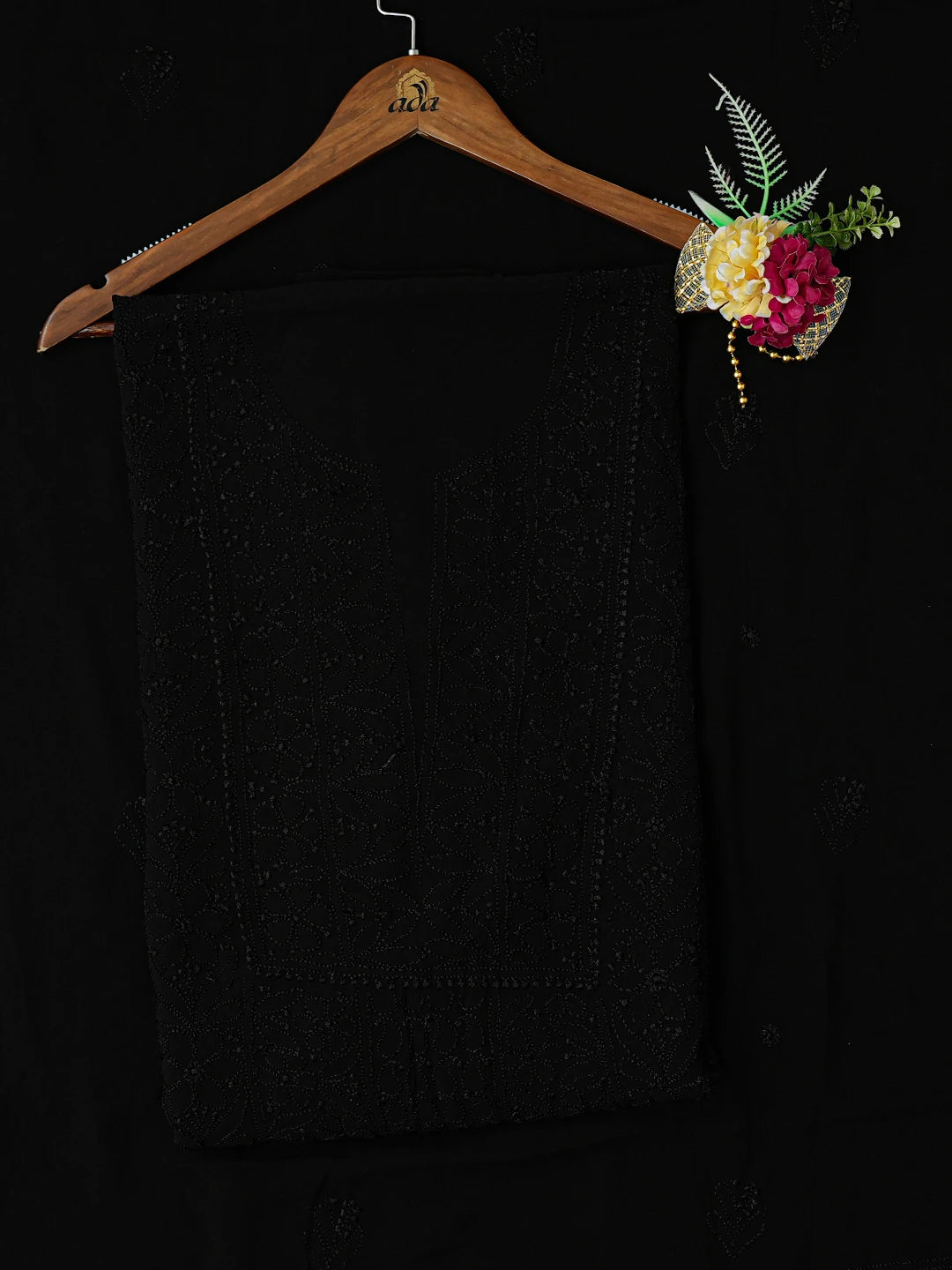 Ada Hand Embroidered Black Viscose Georgette Lucknowi Chikankari Unstitched Kurta Dupatta Set 01A751108