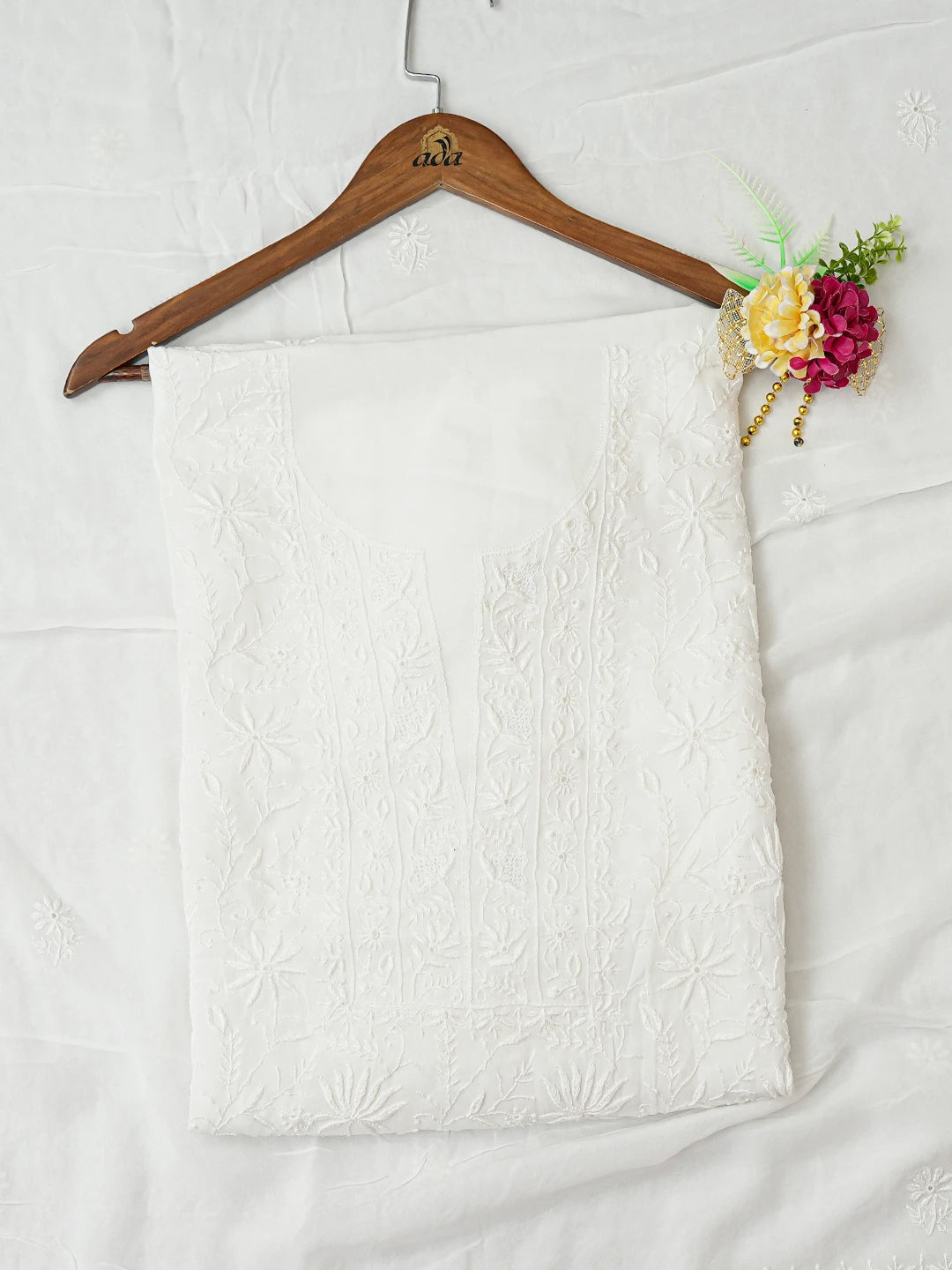 Ada Hand Embroidered Smoke White Viscose Georgette Lucknowi Chikankari Unstitched Kurta Dupatta Set 01A754676