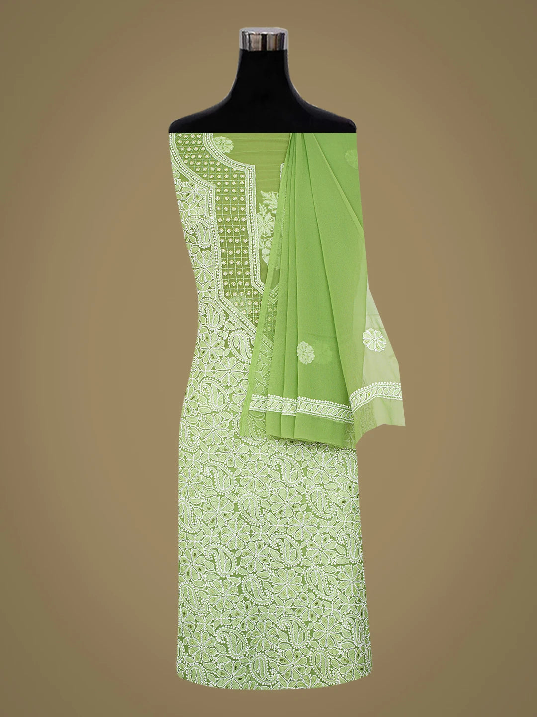 Ada Hand Embroidered Green Georgette Lucknowi Chikankari Unstitched Suit Piece With Pearl Work 01A536041