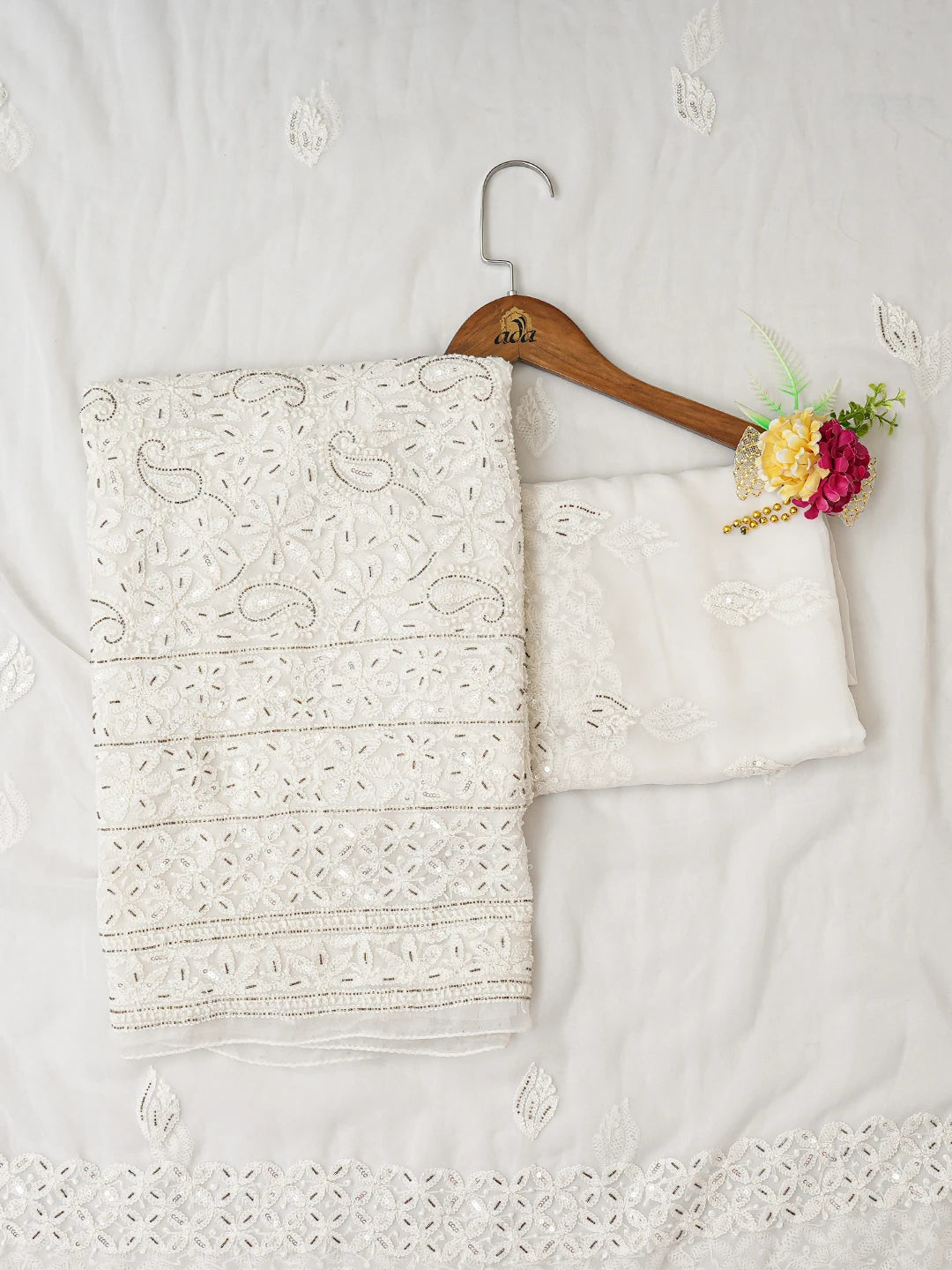 Ada Hand Embroidered White Georgette Lucknowi Chikankari Unstitched Suit Piece With Cutdana Work 01A254281