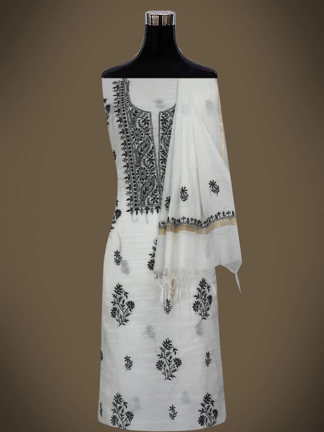 Ada Hand Embroidered White Chanderi Lucknowi Chikankari Unstitched Kurta Dupatta Set 01A762581