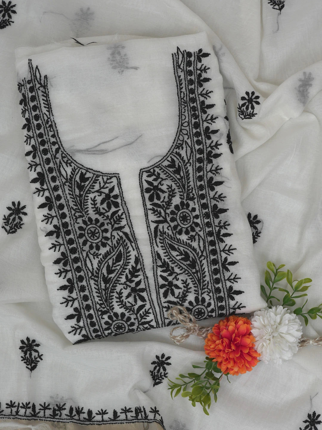 Ada Hand Embroidered White Chanderi Lucknowi Chikankari Unstitched Kurta Dupatta Set 01A762581