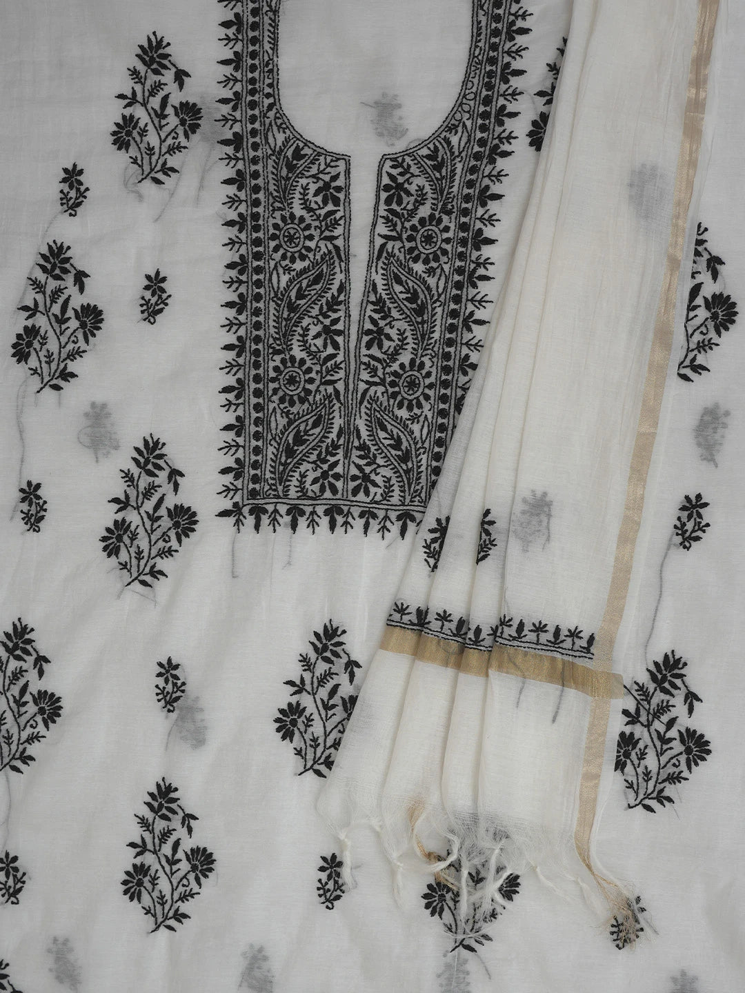 Ada Hand Embroidered White Chanderi Lucknowi Chikankari Unstitched Kurta Dupatta Set 01A762581