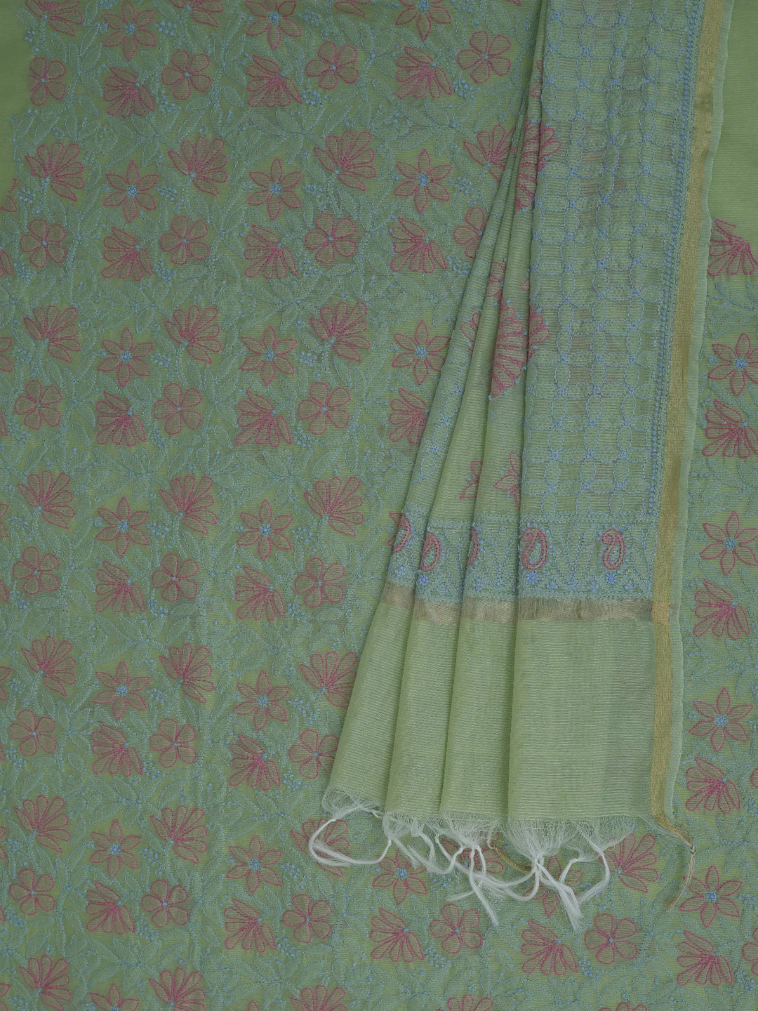 Ada Hand Embroidered Olive Green Chanderi Lucknowi Chikankari Unstitched Kurta Dupatta Set 01A763868