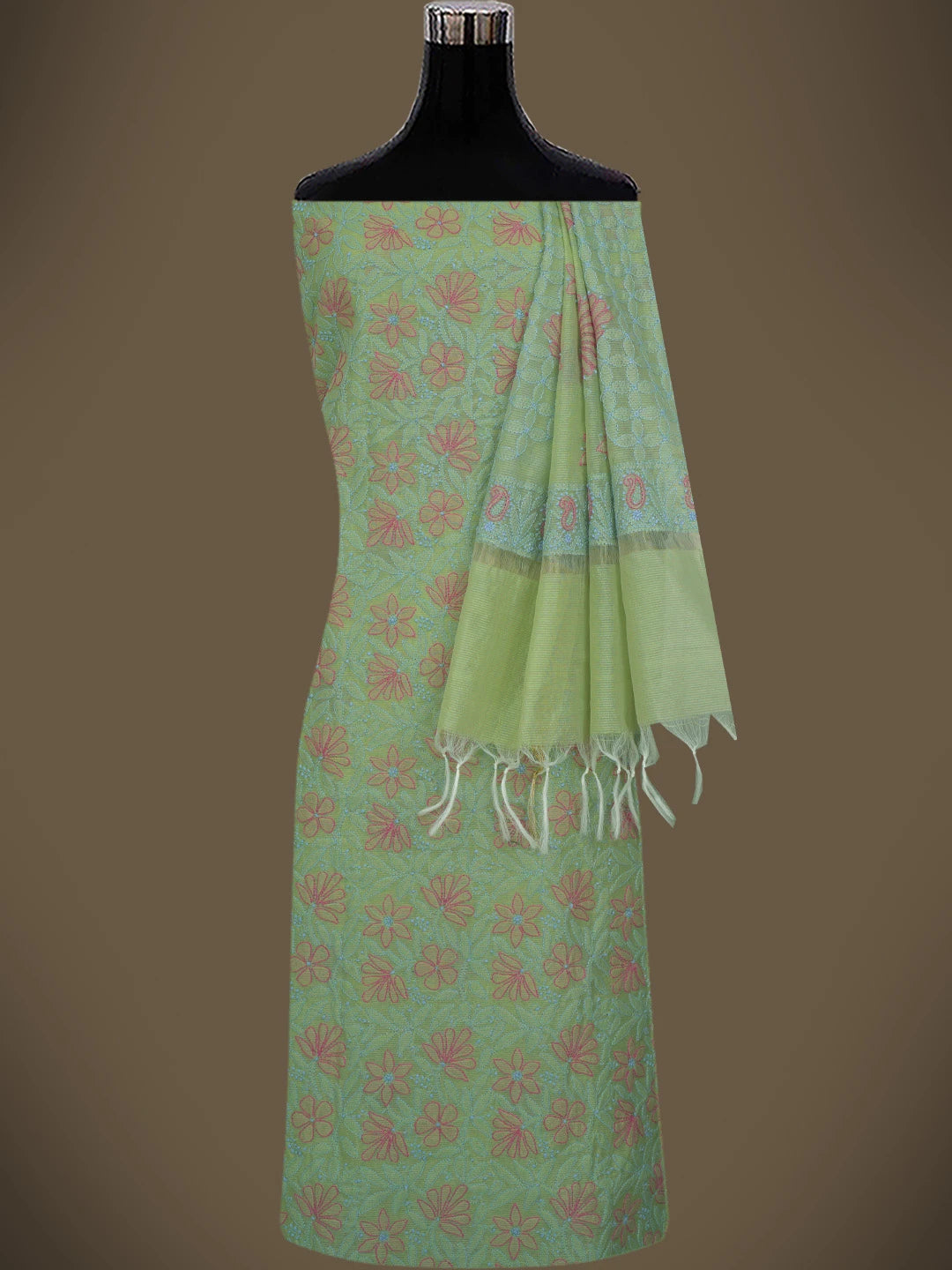 Ada Hand Embroidered Olive Green Chanderi Lucknowi Chikankari Unstitched Kurta Dupatta Set 01A763868