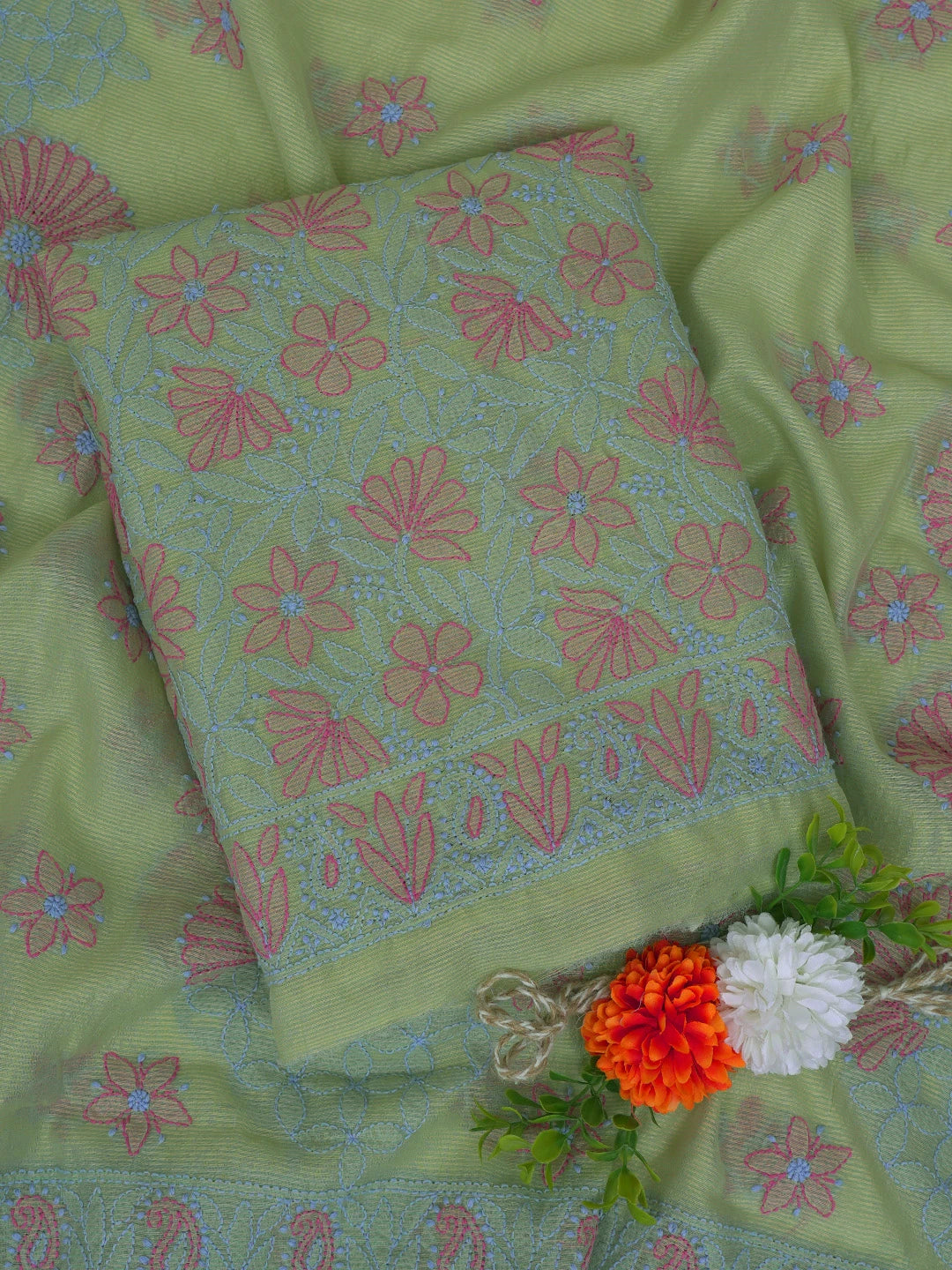Ada Hand Embroidered Olive Green Chanderi Lucknowi Chikankari Unstitched Kurta Dupatta Set 01A763868