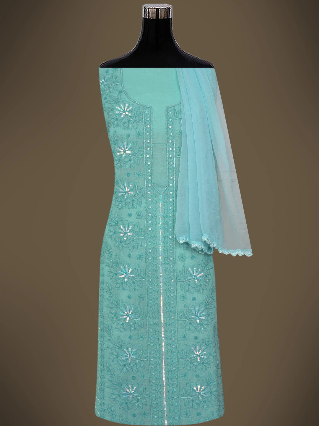 Ada Hand Embroidered Sky Blue Cotton Lucknowi Chikankari Unstitched Suit Piece With Cutdana Work 01A764799
