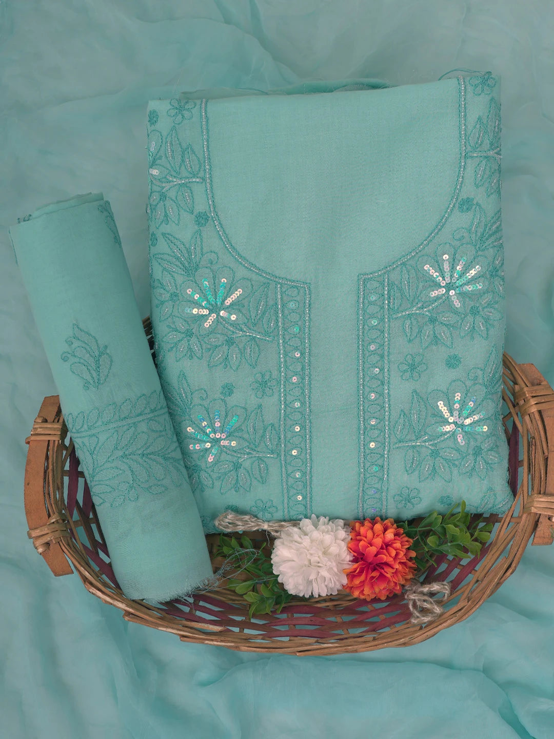 Ada Hand Embroidered Sky Blue Cotton Lucknowi Chikankari Unstitched Suit Piece With Cutdana Work 01A764799