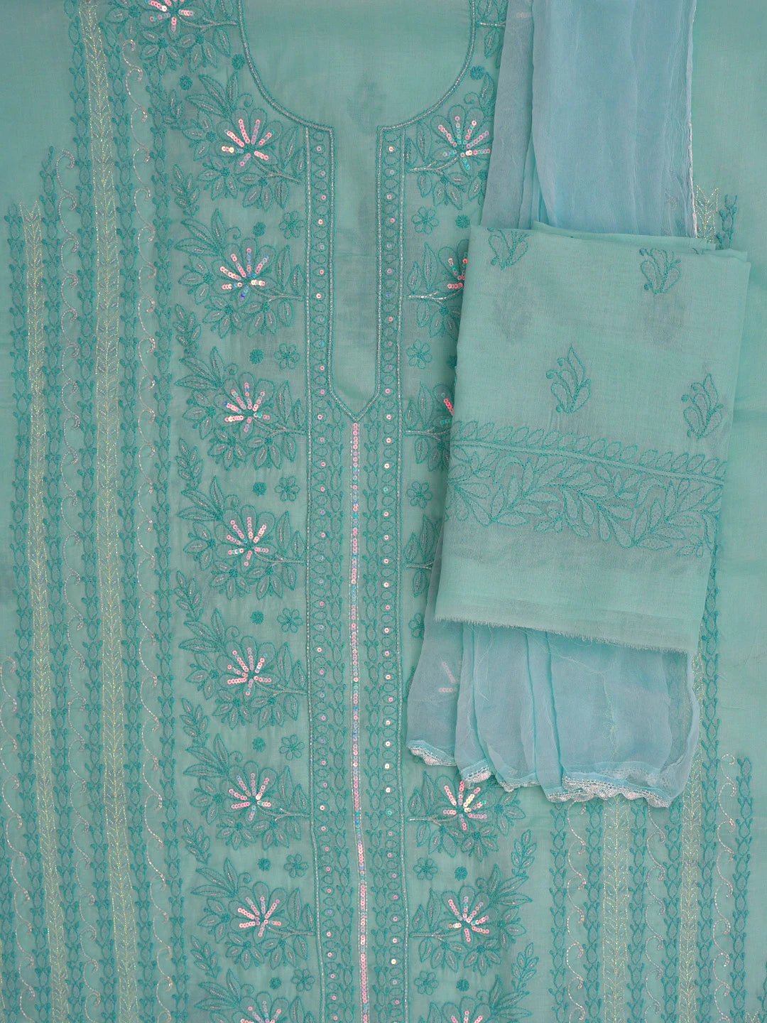 Ada Hand Embroidered Sky Blue Cotton Lucknowi Chikankari Unstitched Suit Piece With Cutdana Work 01A764799