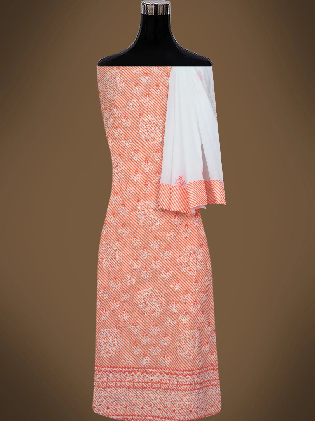Ada Hand Embroidered White And Orange Lehariya Print Cotton Lucknowi Chikankari Unstitched Suit Piece 01A765279