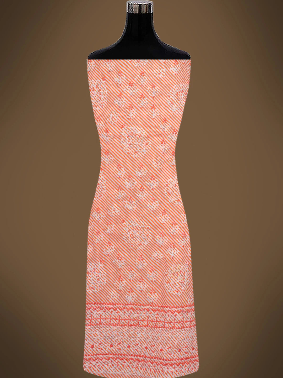Ada Hand Embroidered White And Orange Lehariya Print Cotton Lucknowi Chikankari Unstitched Suit Piece 01A765279