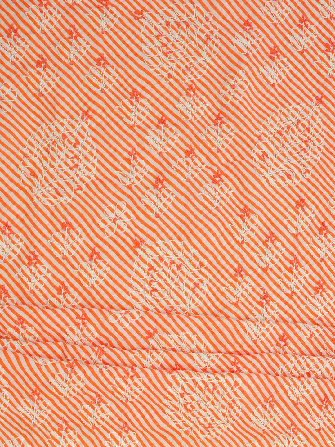 Ada Hand Embroidered White And Orange Lehariya Print Cotton Lucknowi Chikankari Unstitched Suit Piece 01A765279