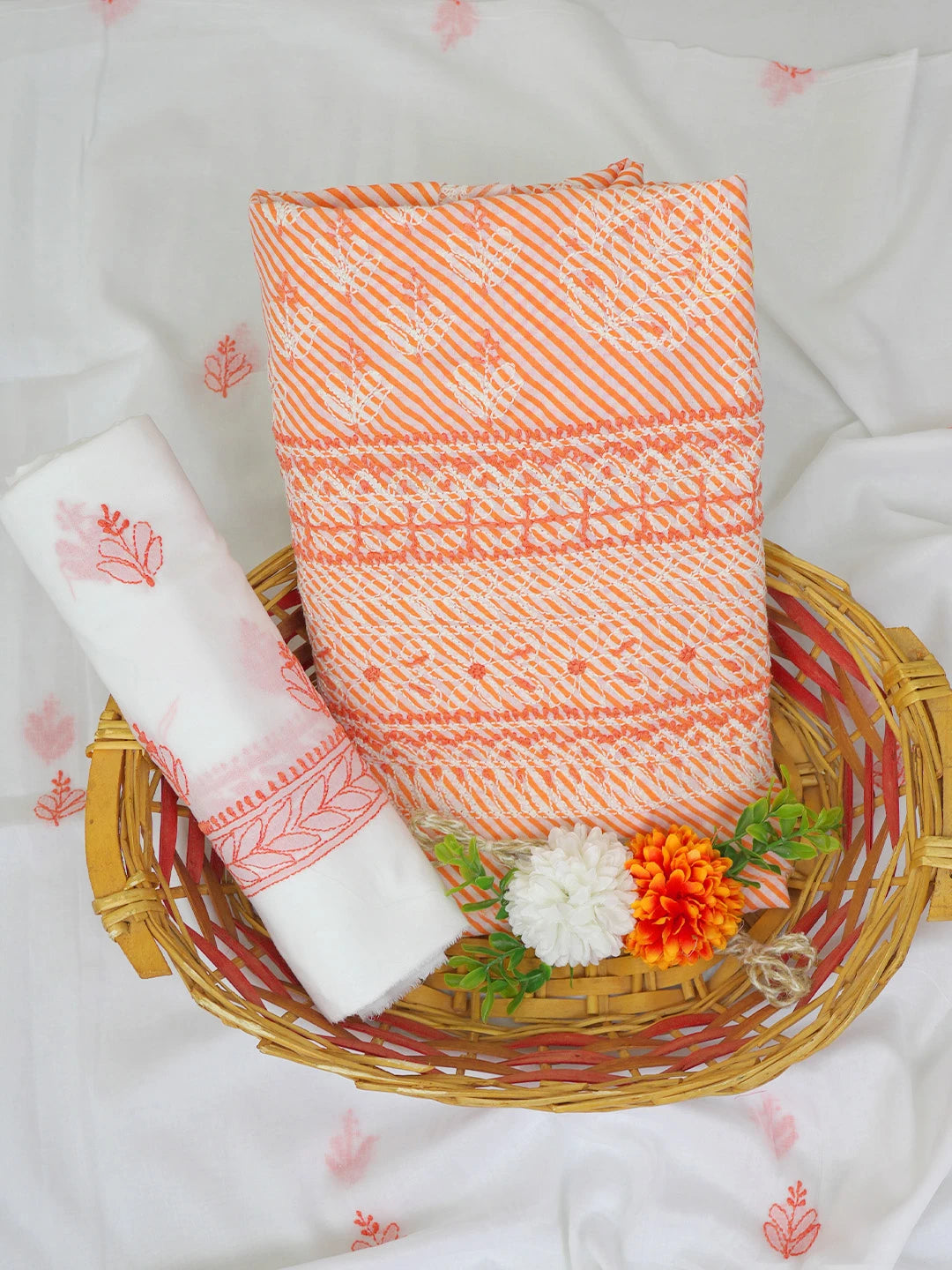 Ada Hand Embroidered White And Orange Lehariya Print Cotton Lucknowi Chikankari Unstitched Suit Piece 01A765279