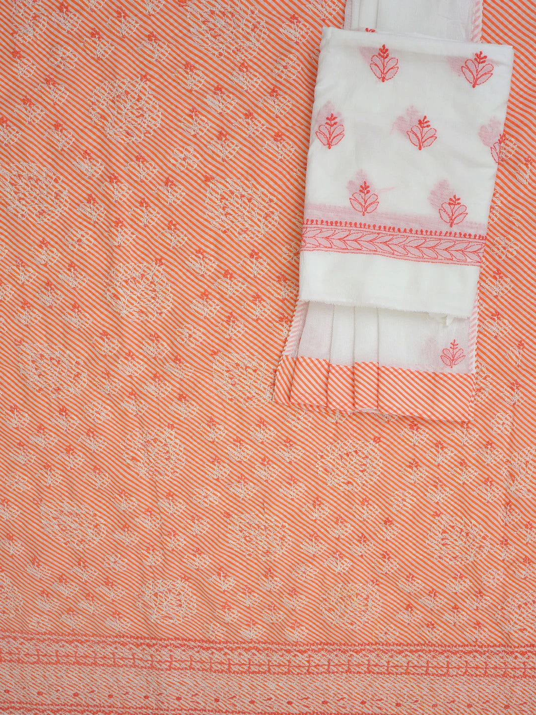 Ada Hand Embroidered White And Orange Lehariya Print Cotton Lucknowi Chikankari Unstitched Suit Piece 01A765279