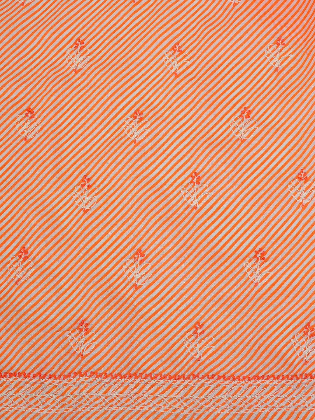Ada Hand Embroidered White And Orange Lehariya Print Cotton Lucknowi Chikankari Unstitched Suit Piece 01A765279
