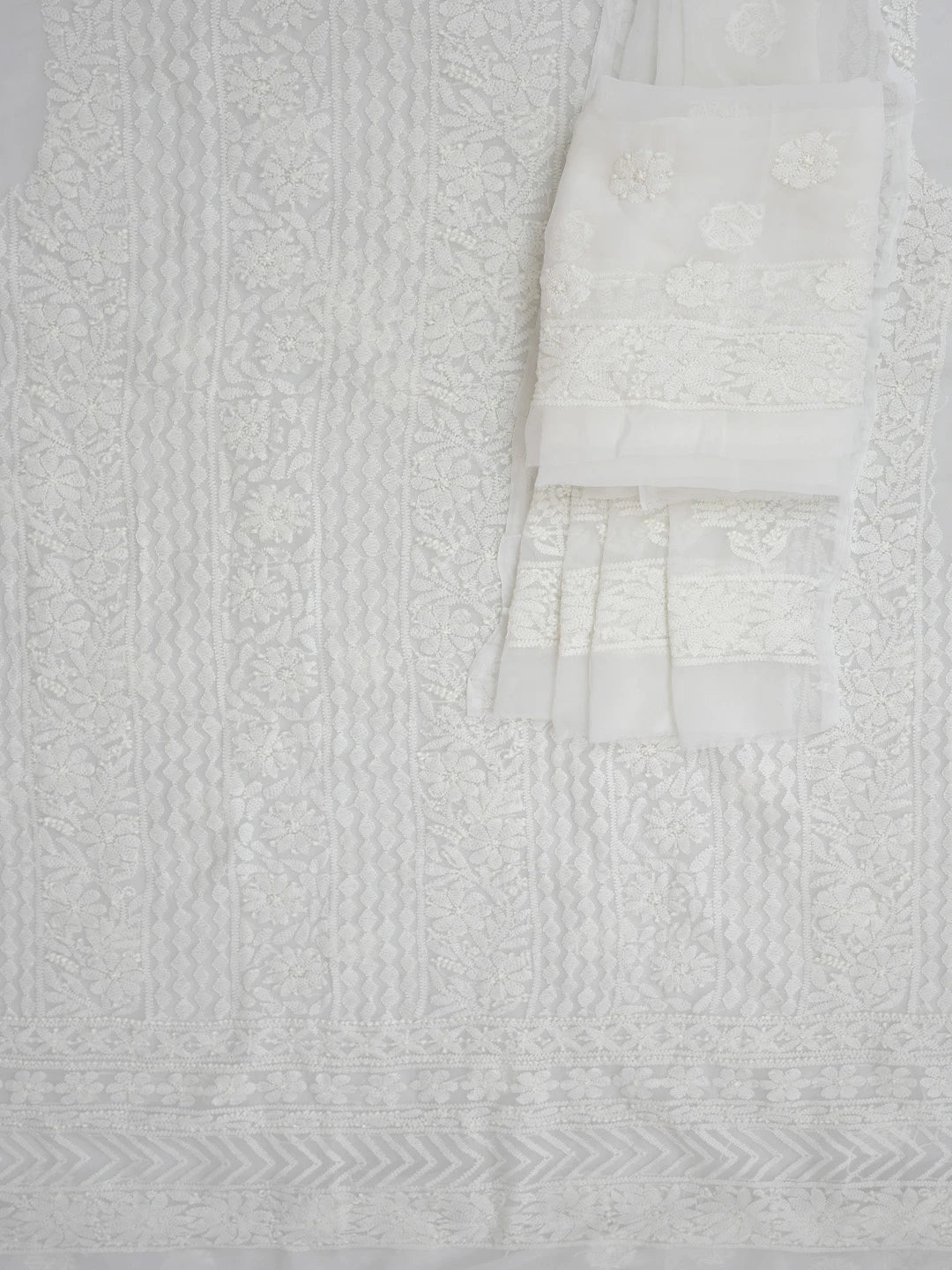 Ada Hand Embroidered White Georgette Lucknowi Chikankari Unstitched Suit Piece 01A765412