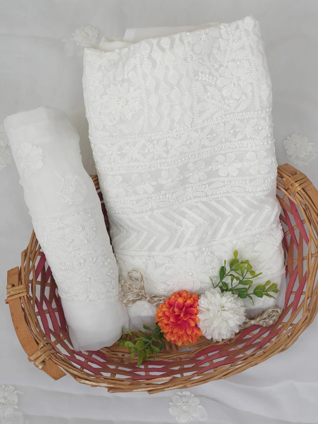 Ada Hand Embroidered White Georgette Lucknowi Chikankari Unstitched Suit Piece 01A765412