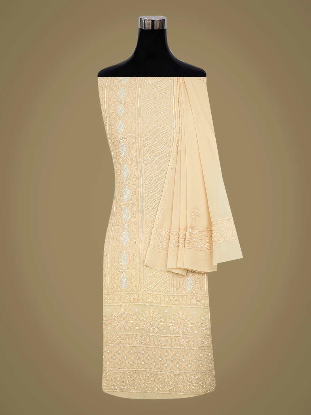 Ada Hand Embroidered Light Peach Pure Georgette Lucknowi Chikankari Unstitched Kurta Dupatta Set With Cutdana Work 01A642053