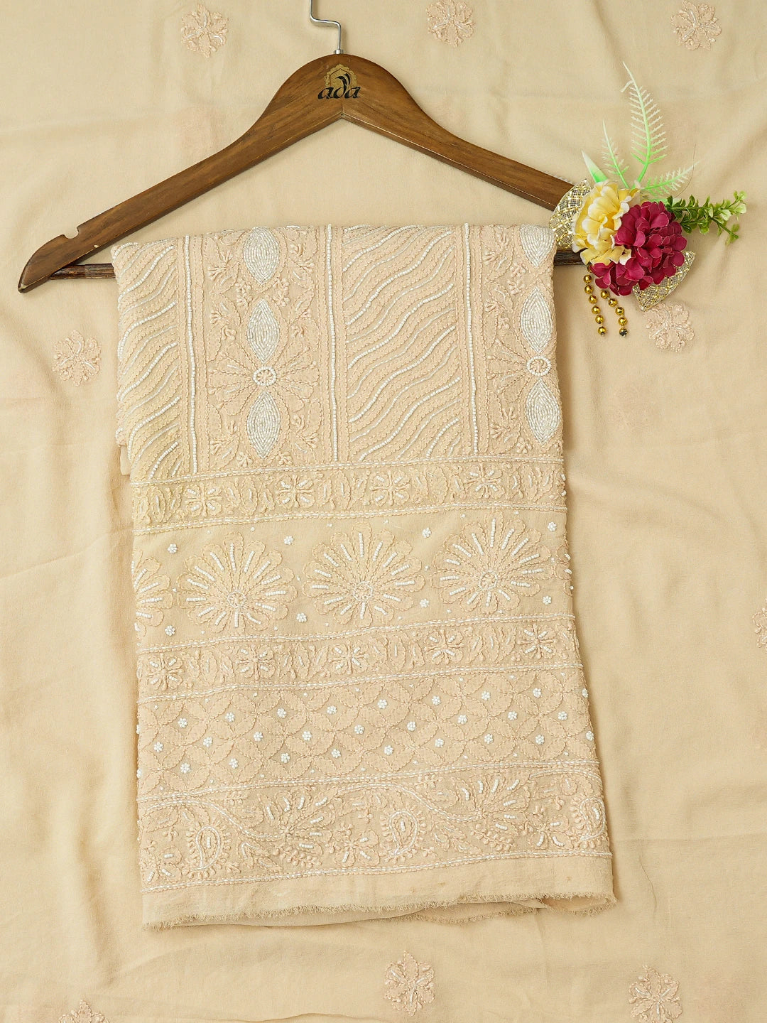 Ada Hand Embroidered Light Peach Pure Georgette Lucknowi Chikankari Unstitched Kurta Dupatta Set With Cutdana Work 01A642053