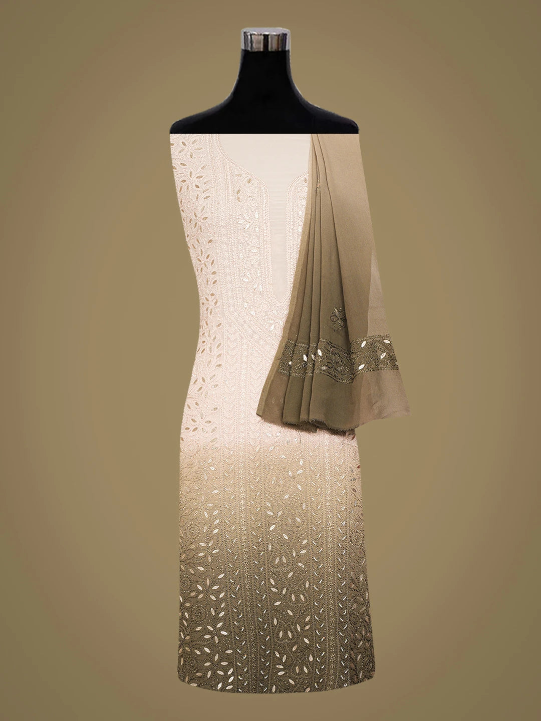 Ada Hand Embroidered Ombre Shade Of Dusty Peach And Olive Green Viscose Georgette Lucknowi Chikankari Unstitched Kurta Dupatta Set With Gota Patti Work 01A751176