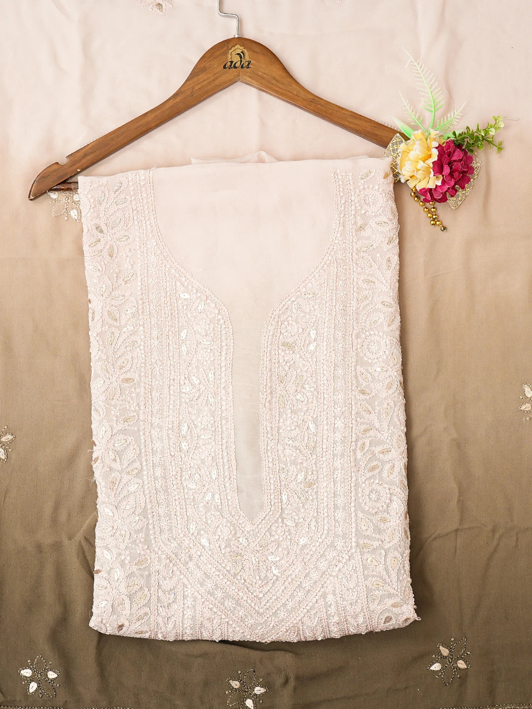 Ada Hand Embroidered Ombre Shade Of Dusty Peach And Olive Green Viscose Georgette Lucknowi Chikankari Unstitched Kurta Dupatta Set With Gota Patti Work 01A751176