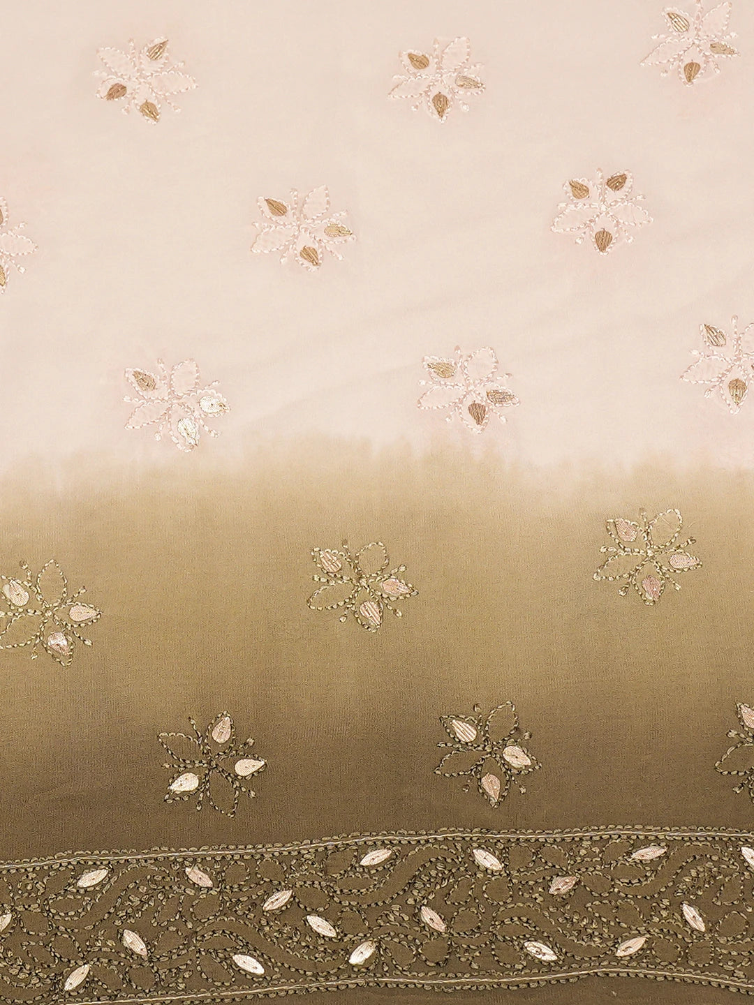 Ada Hand Embroidered Ombre Shade Of Dusty Peach And Olive Green Viscose Georgette Lucknowi Chikankari Unstitched Kurta Dupatta Set With Gota Patti Work 01A751176