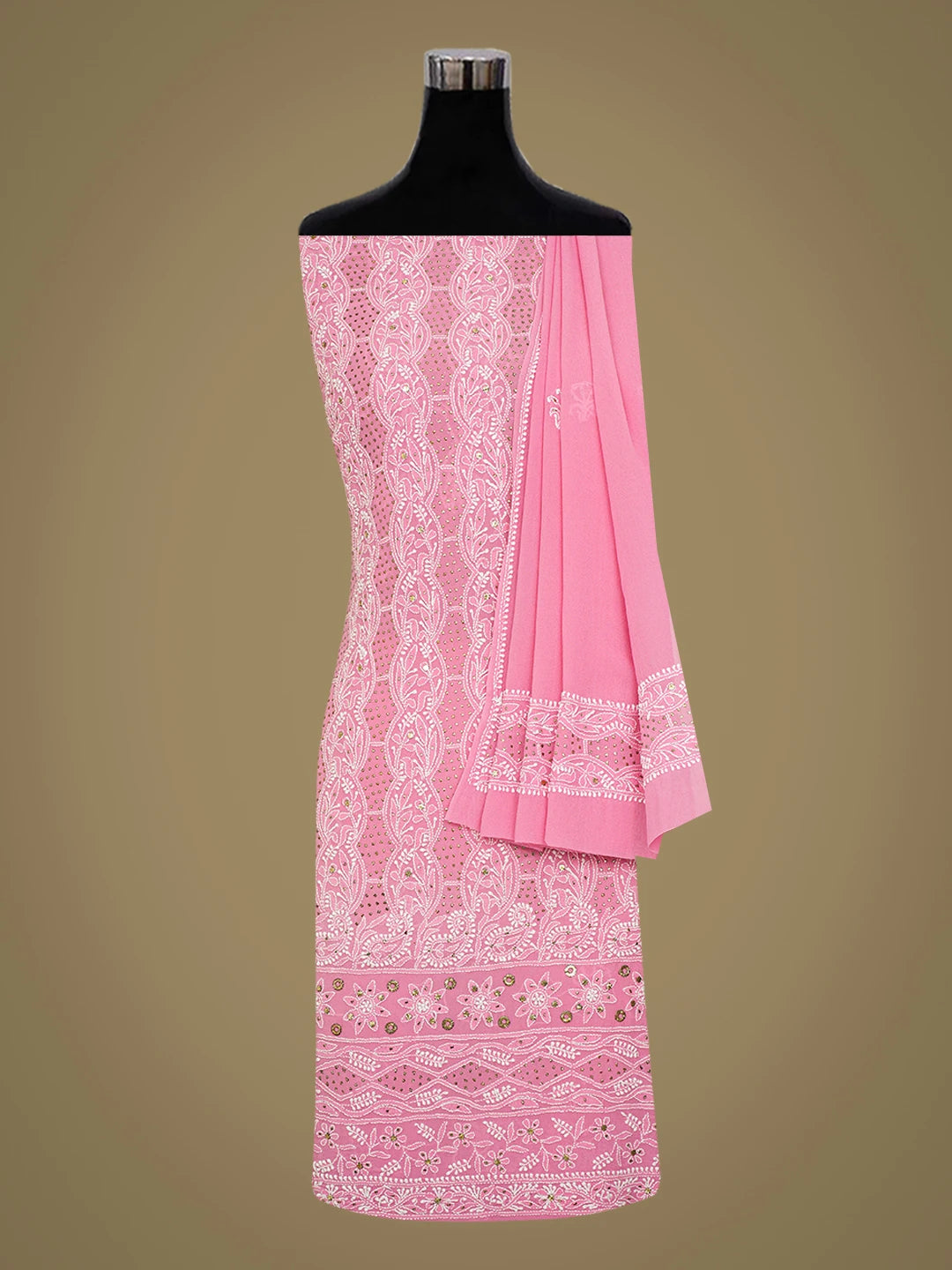 Ada Hand Embroidered Onion Pink Pure Georgette Lucknowi Chikankari Unstitched Kurta Dupatta Set With Muqaish Work 01A209723