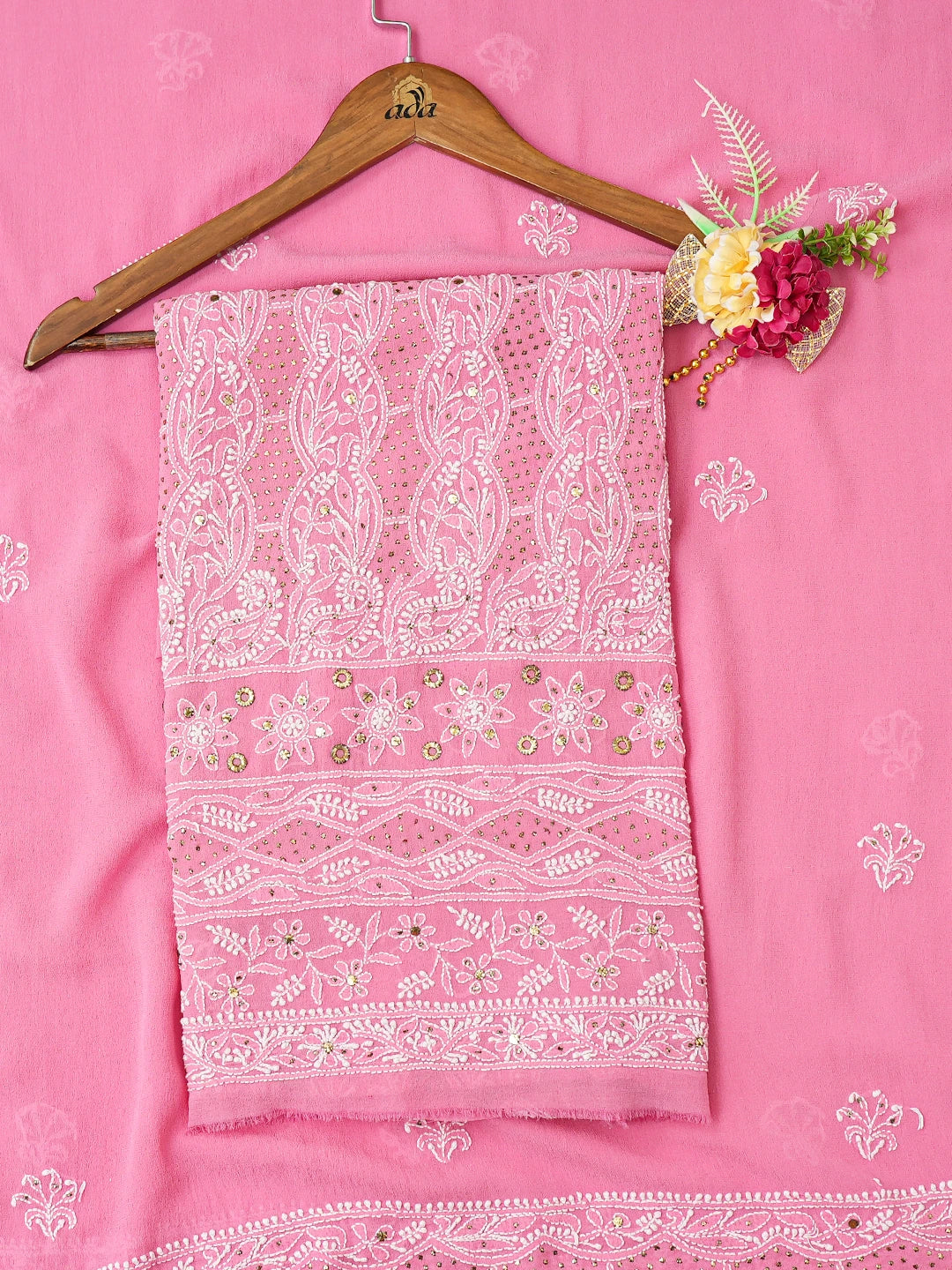 Ada Hand Embroidered Onion Pink Pure Georgette Lucknowi Chikankari Unstitched Kurta Dupatta Set With Muqaish Work 01A209723