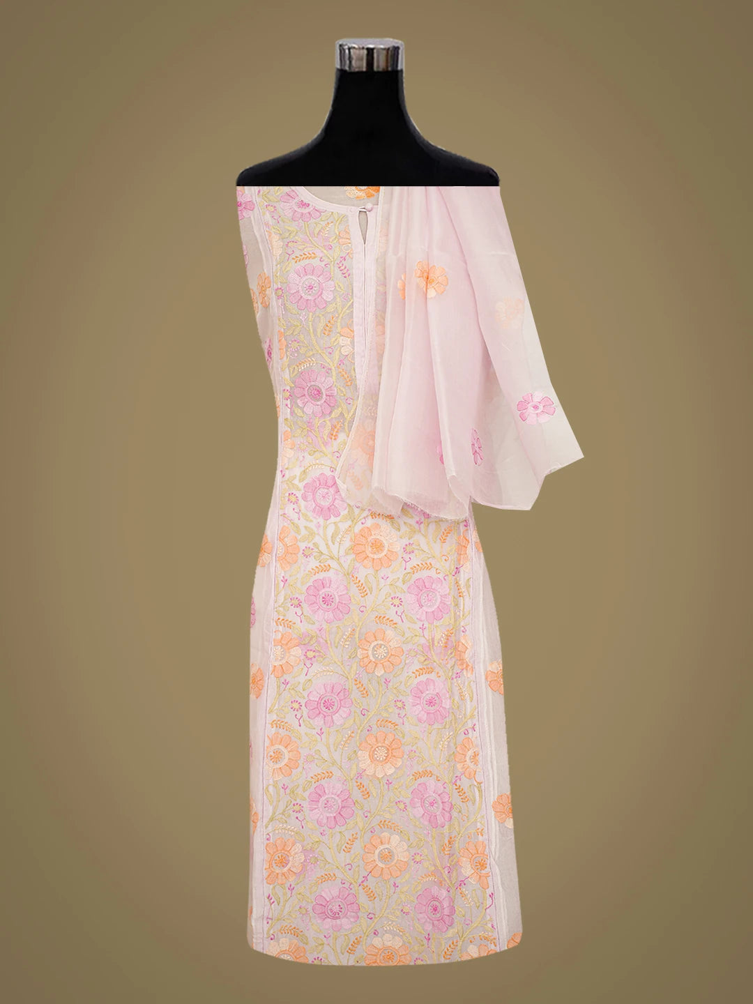 Ada Hand Embroidered Pink Organza Lucknowi Chikankari Semi-Stitched Kurta Dupatta Set 01A759814