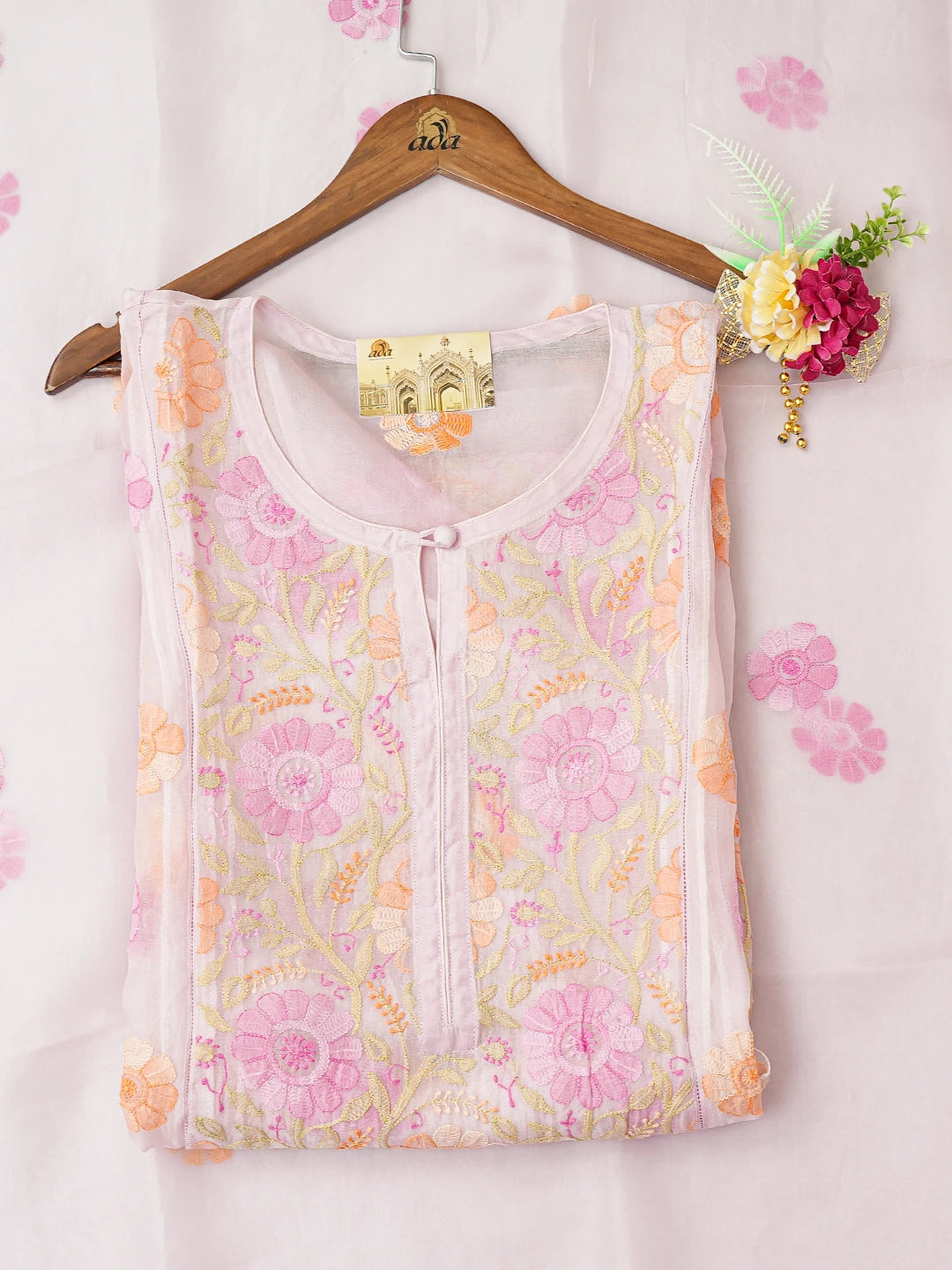 Ada Hand Embroidered Pink Organza Lucknowi Chikankari Semi-Stitched Kurta Dupatta Set 01A759814